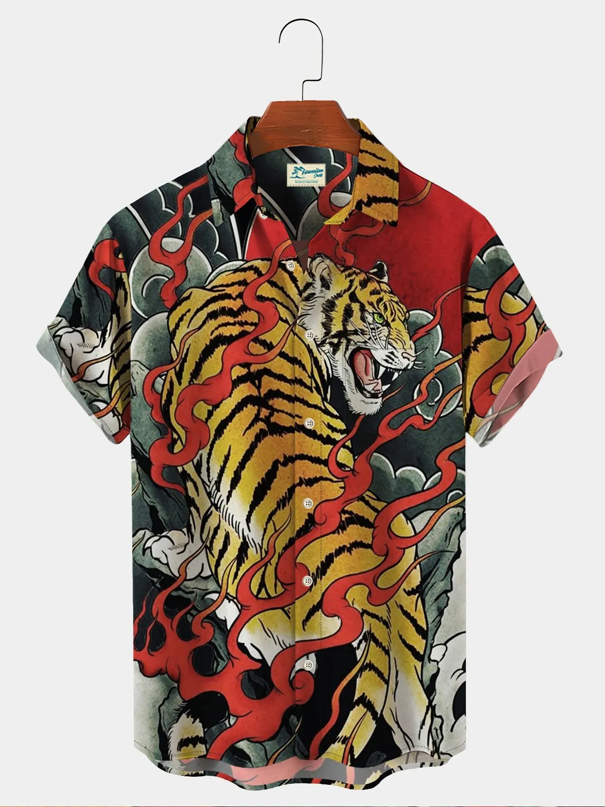 50's Men's Vintage Aloha Shirts Ukiyo-e Tiger Art Oversized Stretch Hawaiian Shirts