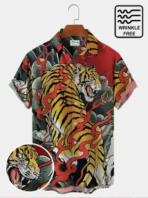 50's Men's Vintage Aloha Shirts Ukiyo-e Tiger Art Oversized Stretch Hawaiian Shirts