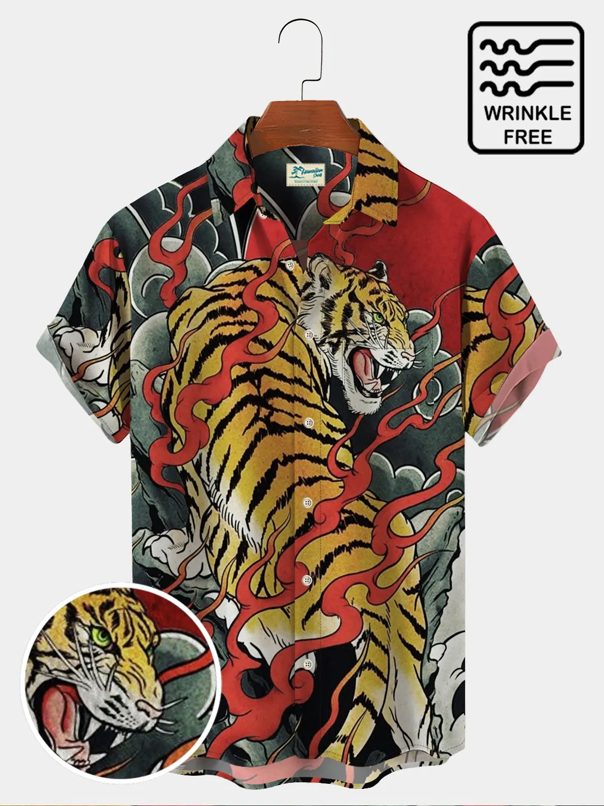 50's Men's Vintage Aloha Shirts Ukiyo-e Tiger Art Oversized Stretch Hawaiian Shirts