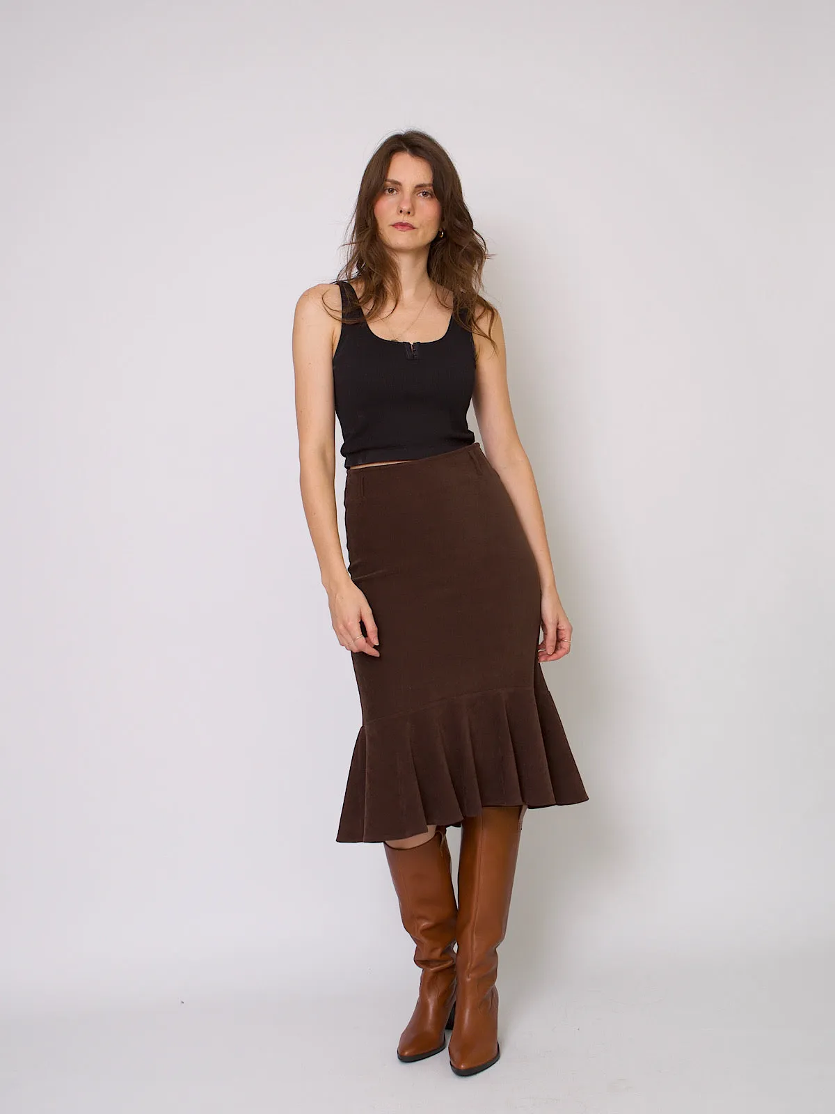 90s fit and flared gathered skirt brown velour