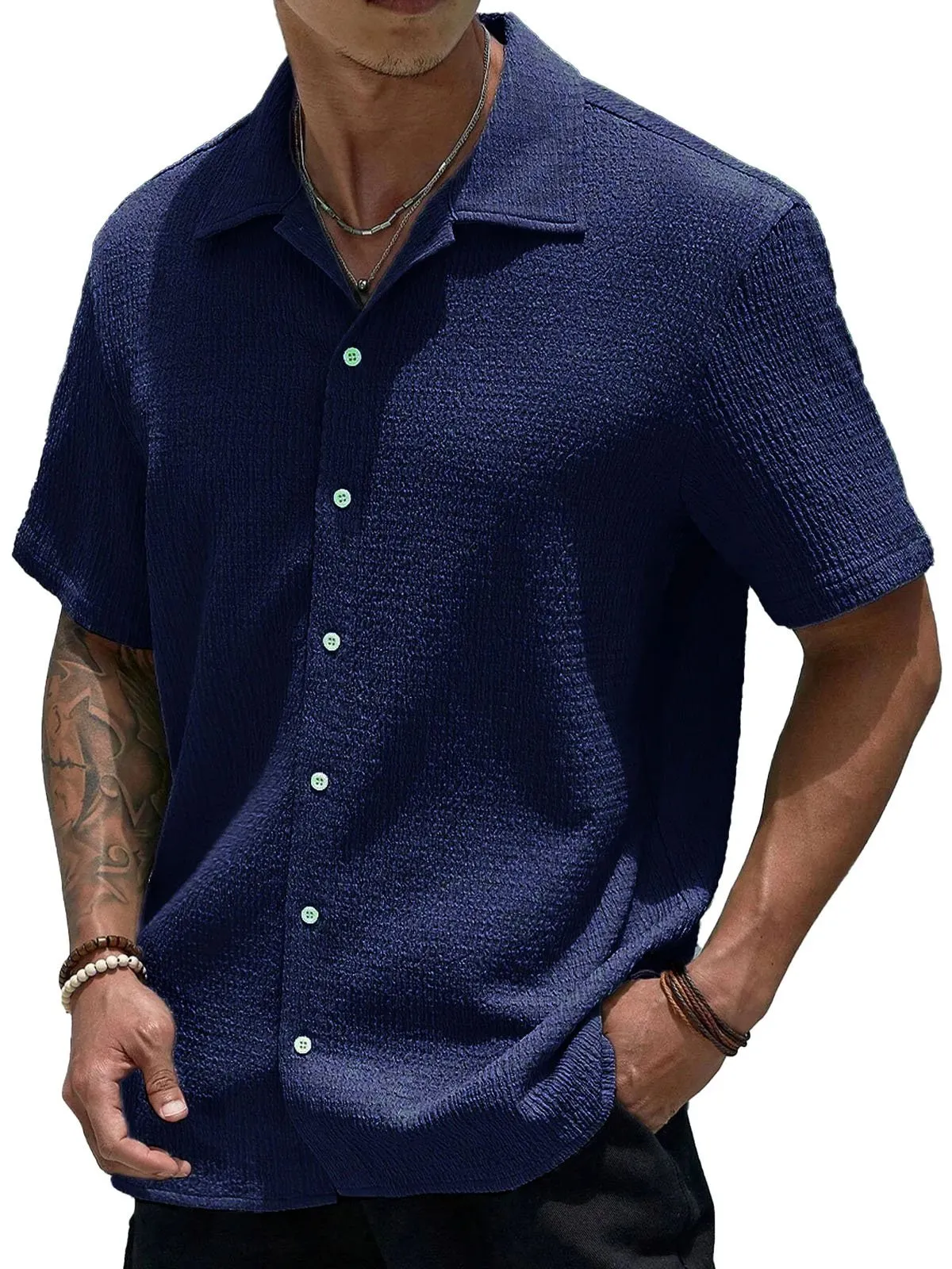 Alohadaddy Basic Casual Seersucker Men's Button Pocket Short Sleeve Shirt Big & Tall