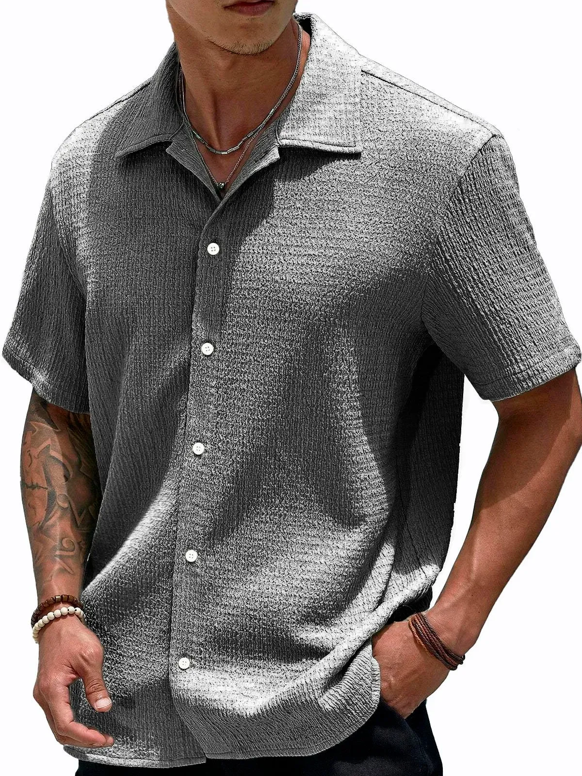 Alohadaddy Basic Casual Seersucker Men's Button Pocket Short Sleeve Shirt Big & Tall