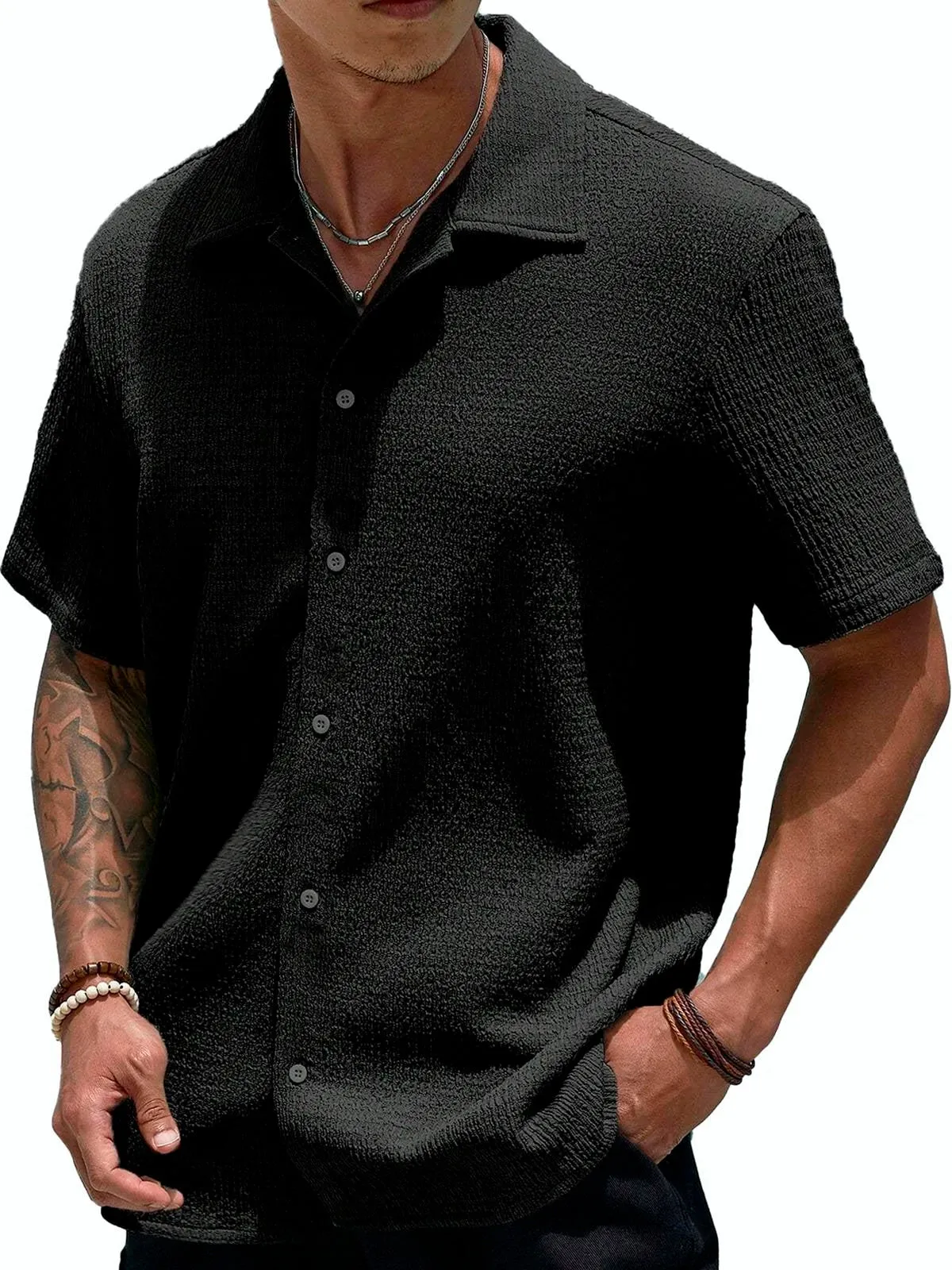 Alohadaddy Basic Casual Seersucker Men's Button Pocket Short Sleeve Shirt Big & Tall
