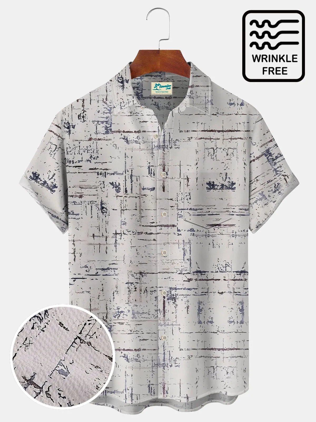 Alohadaddy Beach Vacation White Men's Hawaiian Shirt Vintage Textured Wrinkle Free Seersucker Pocket Camp Shirt Big Tall
