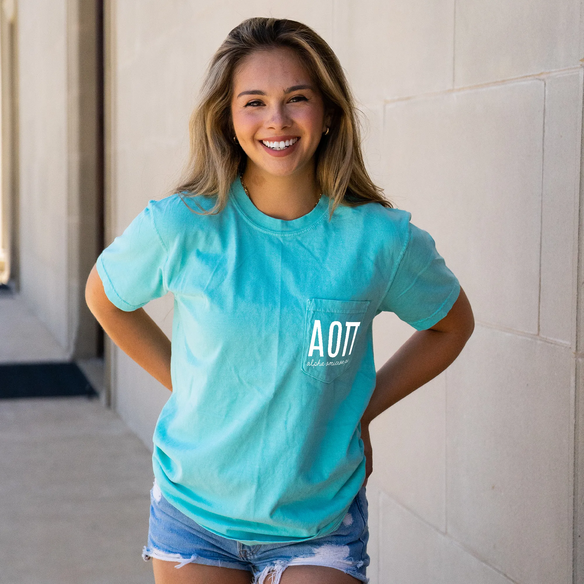Alpha Omicron Pi Script Letters Shirt - Mint