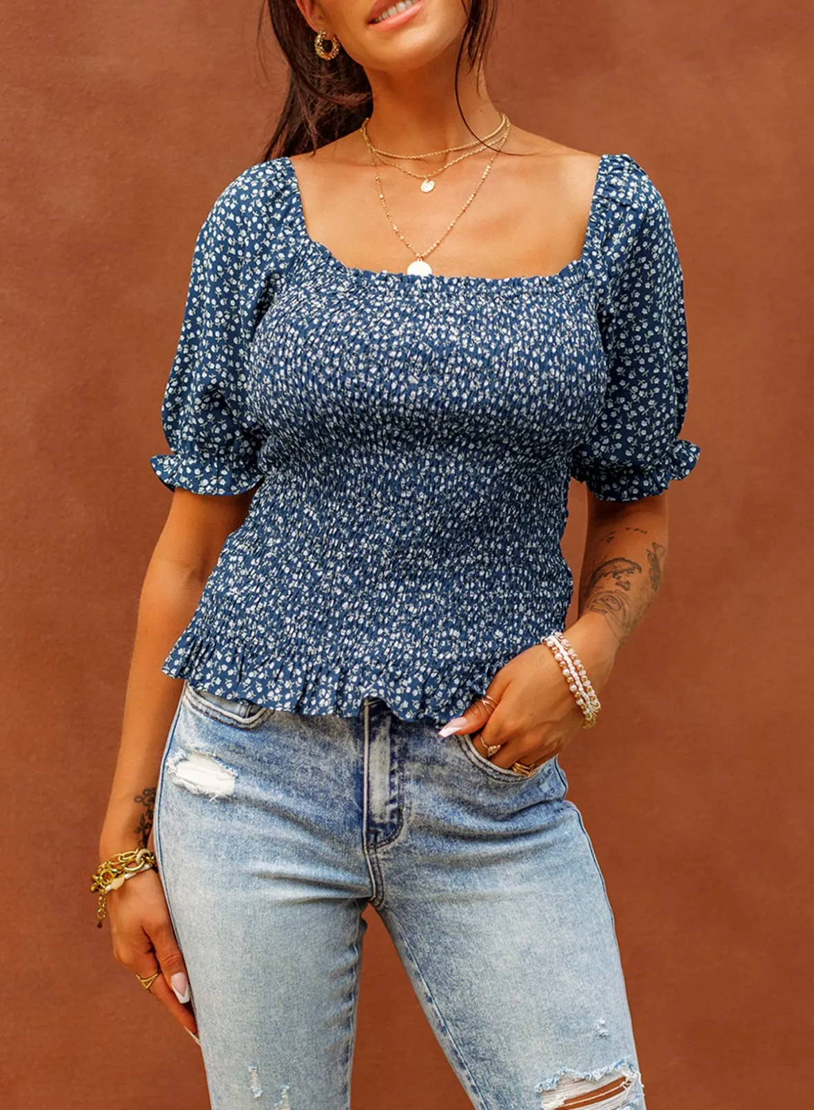 Apricot Long Sleeve Plan Blouses for Women Puff Long Sleeve Square Neck Tops Off The Shoulder Floral - EVALESS
