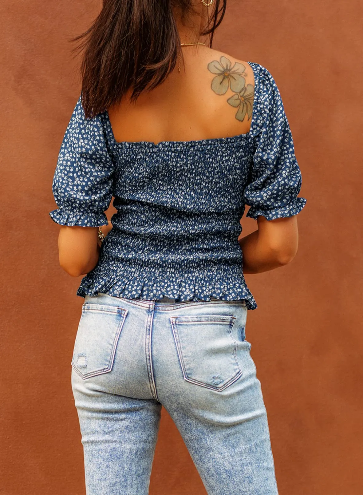 Apricot Long Sleeve Plan Blouses for Women Puff Long Sleeve Square Neck Tops Off The Shoulder Floral - EVALESS