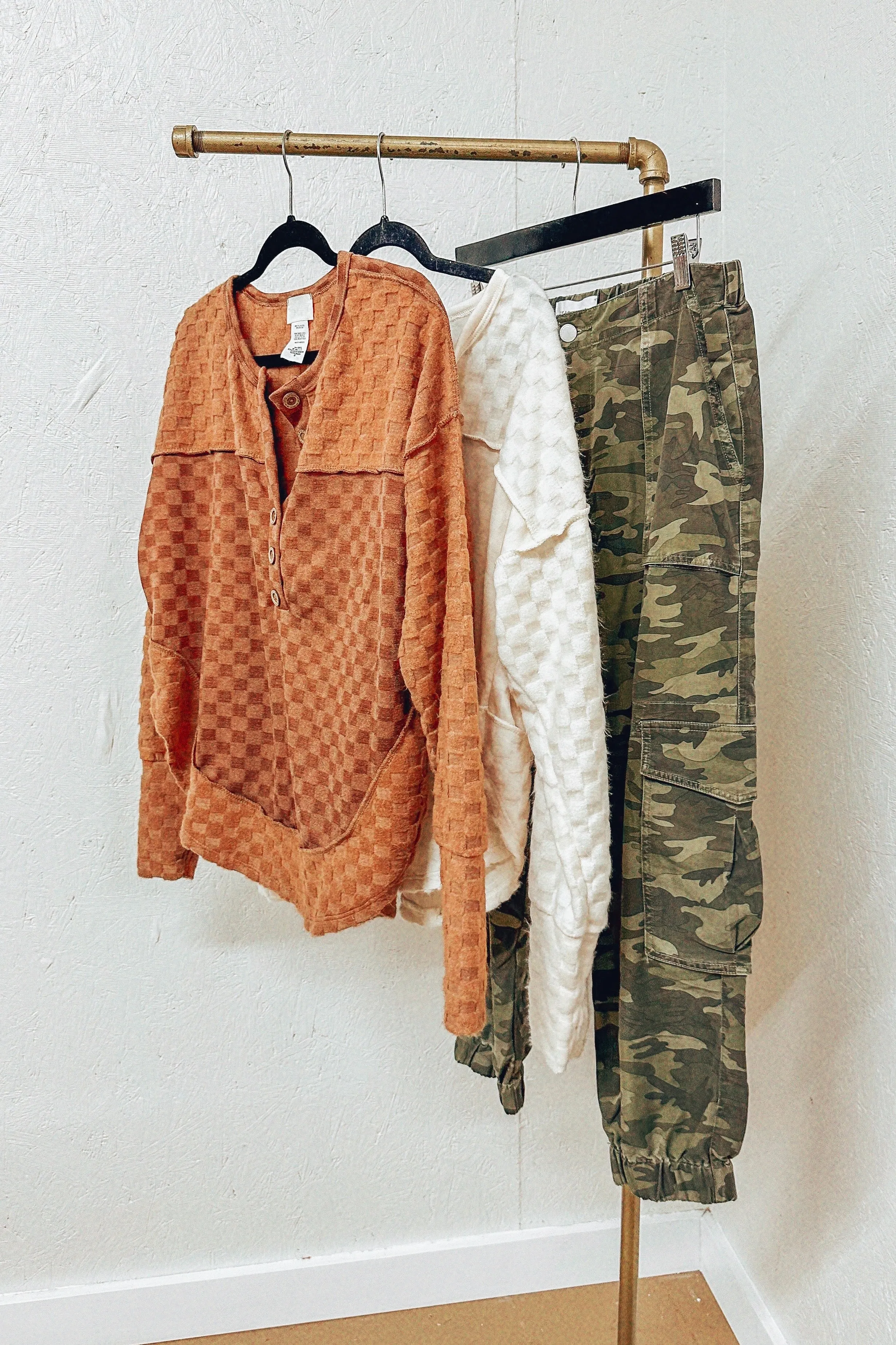 Chelsea Camel Checkered Henley Top