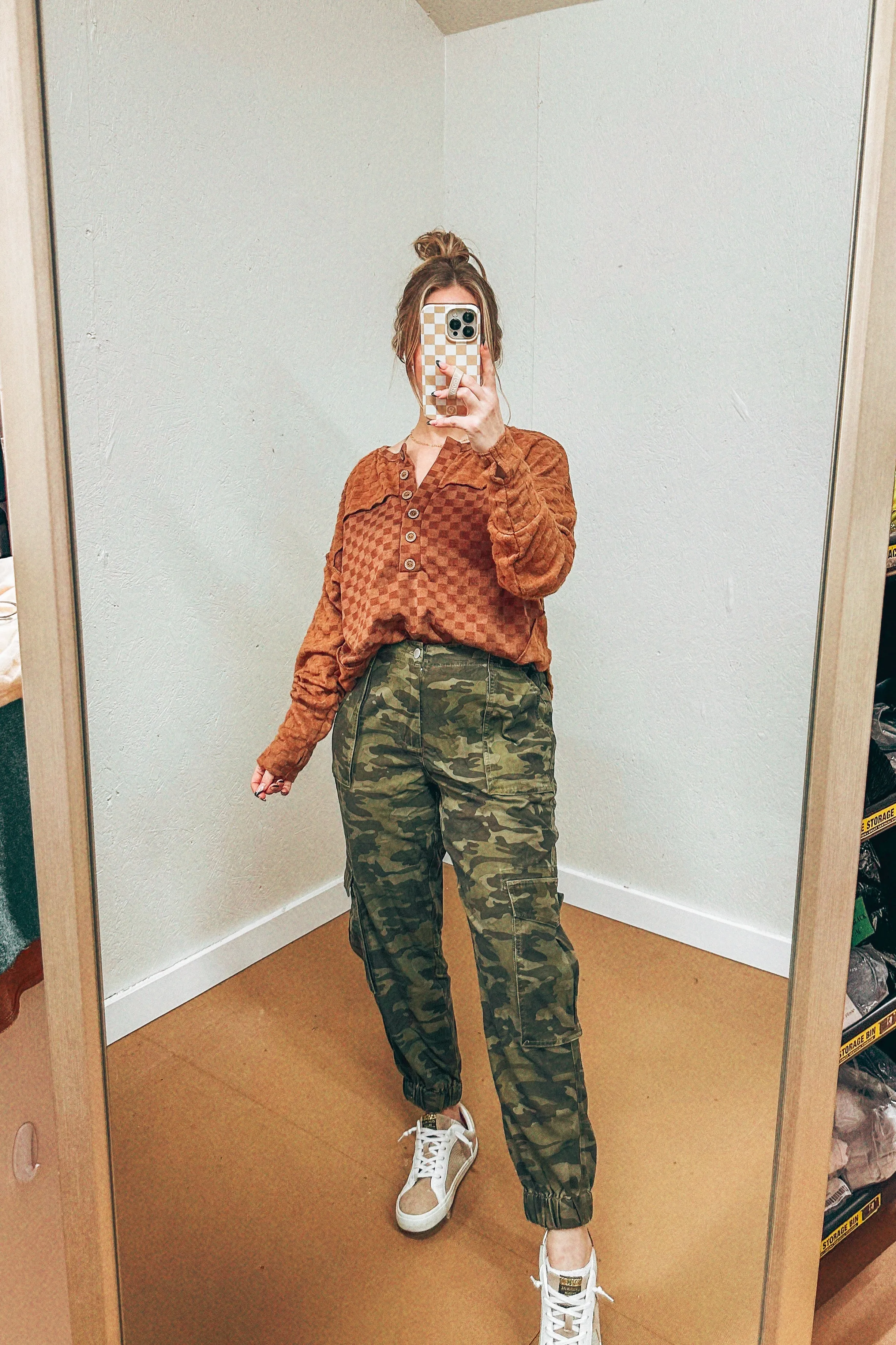 Chelsea Camel Checkered Henley Top