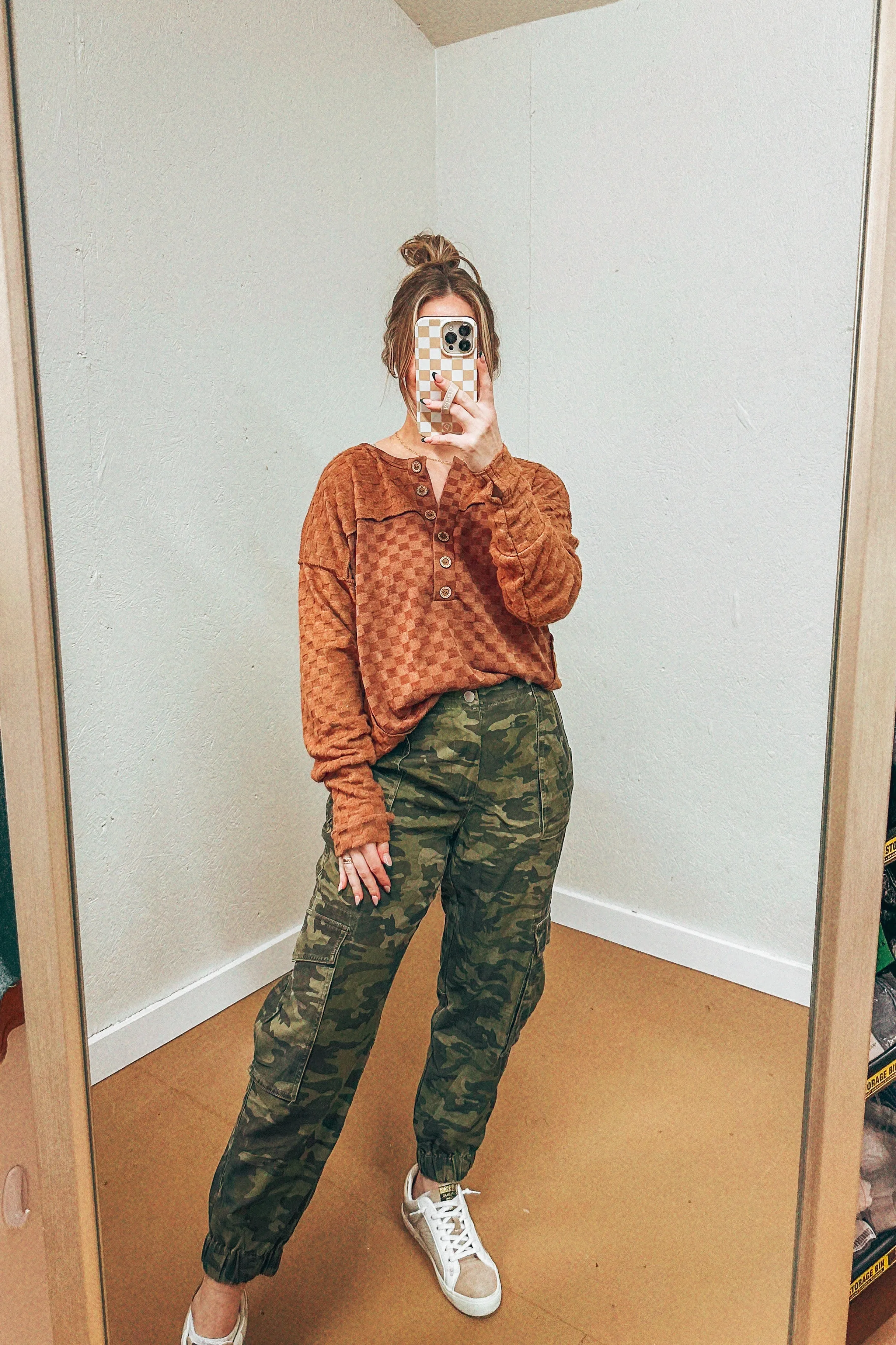 Chelsea Camel Checkered Henley Top