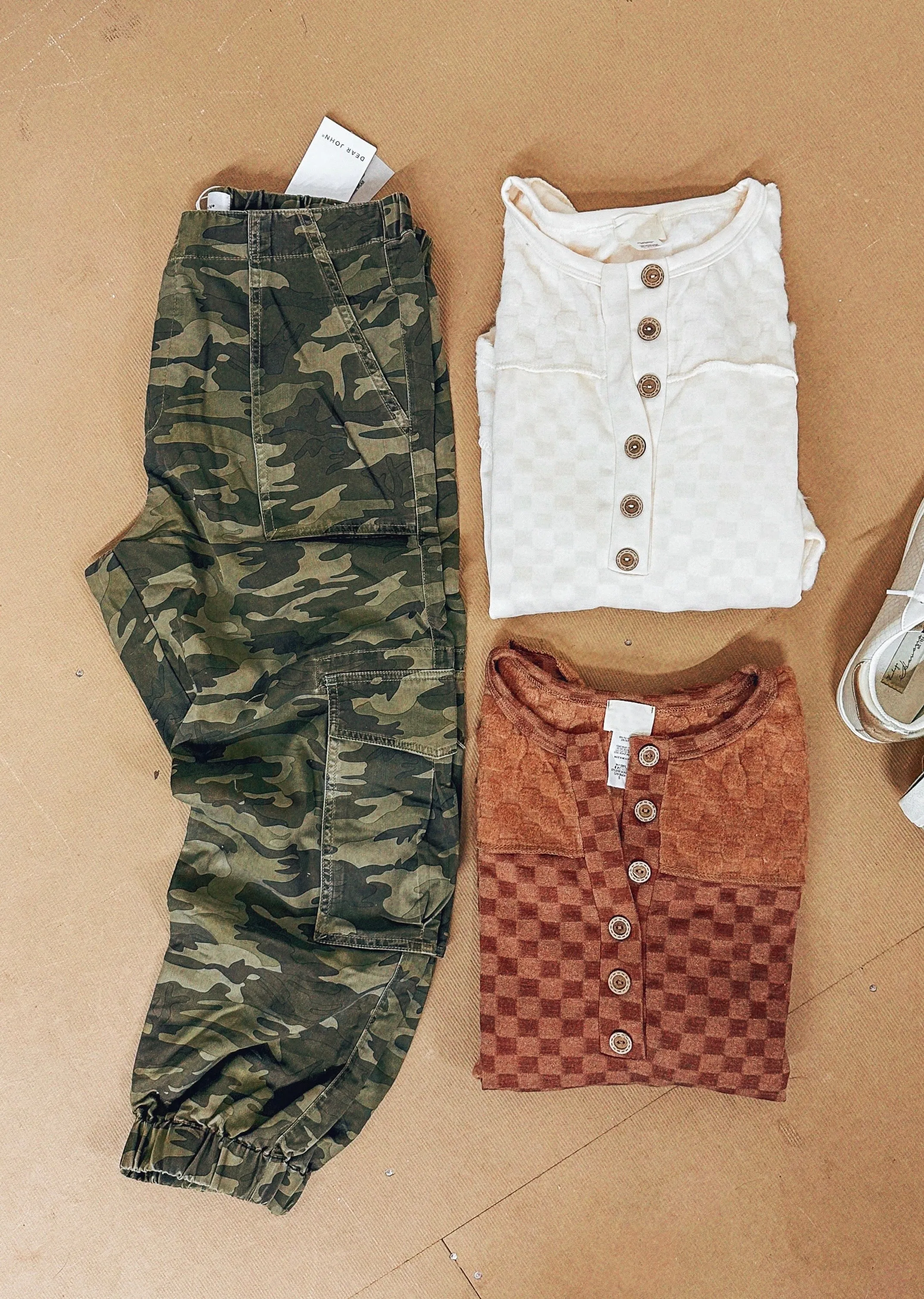 Chelsea Camel Checkered Henley Top
