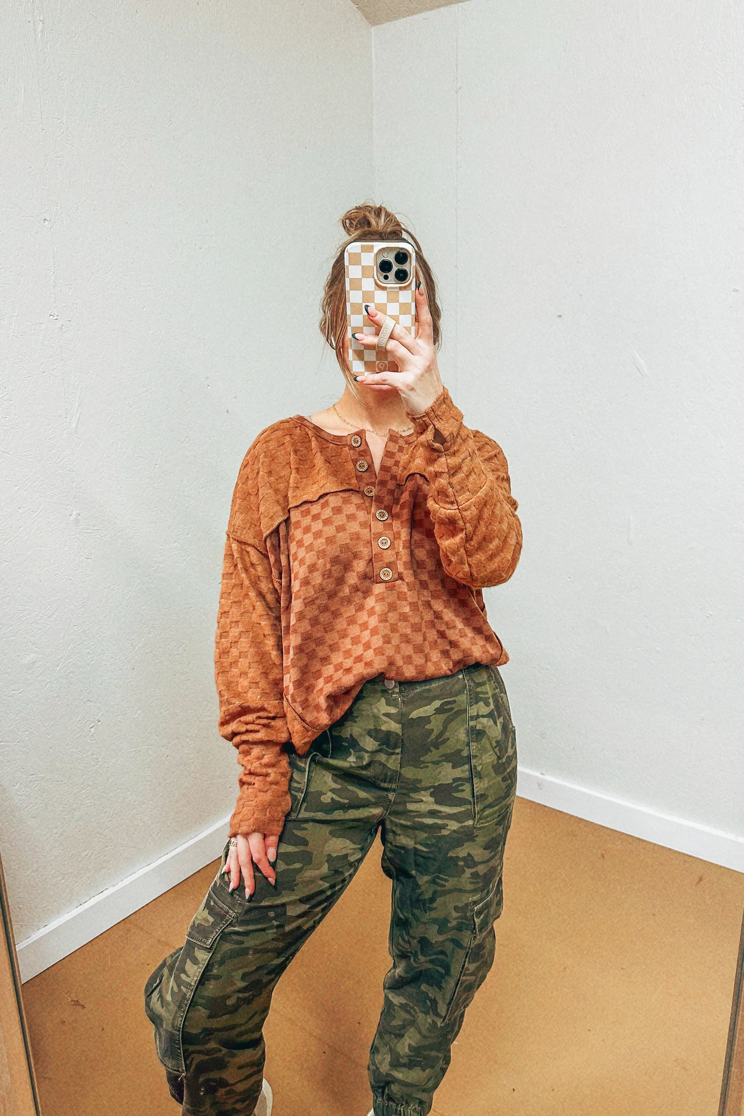 Chelsea Camel Checkered Henley Top