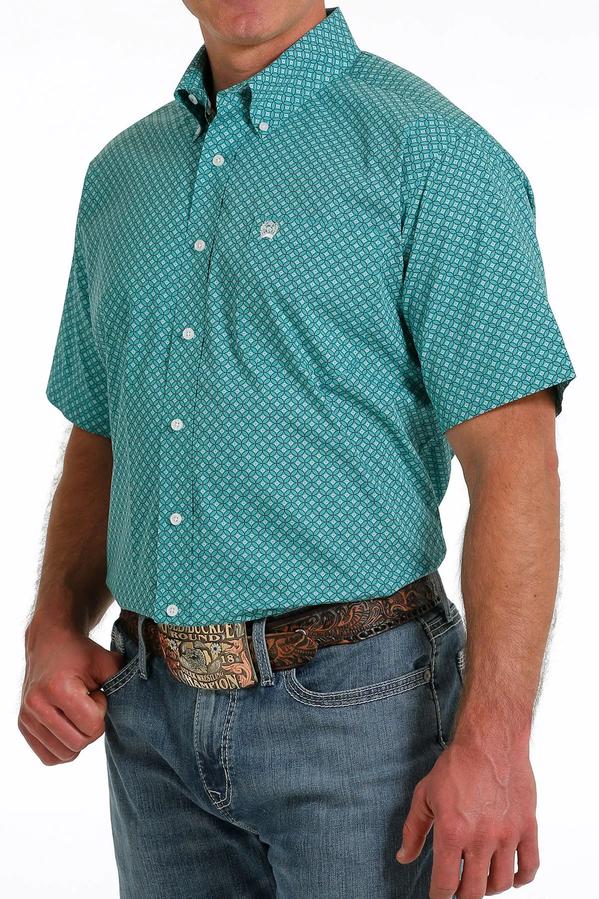 Cinch Men's Medallion Print Button-Down Western Short Sleeve Shirt  - Turquoise /White