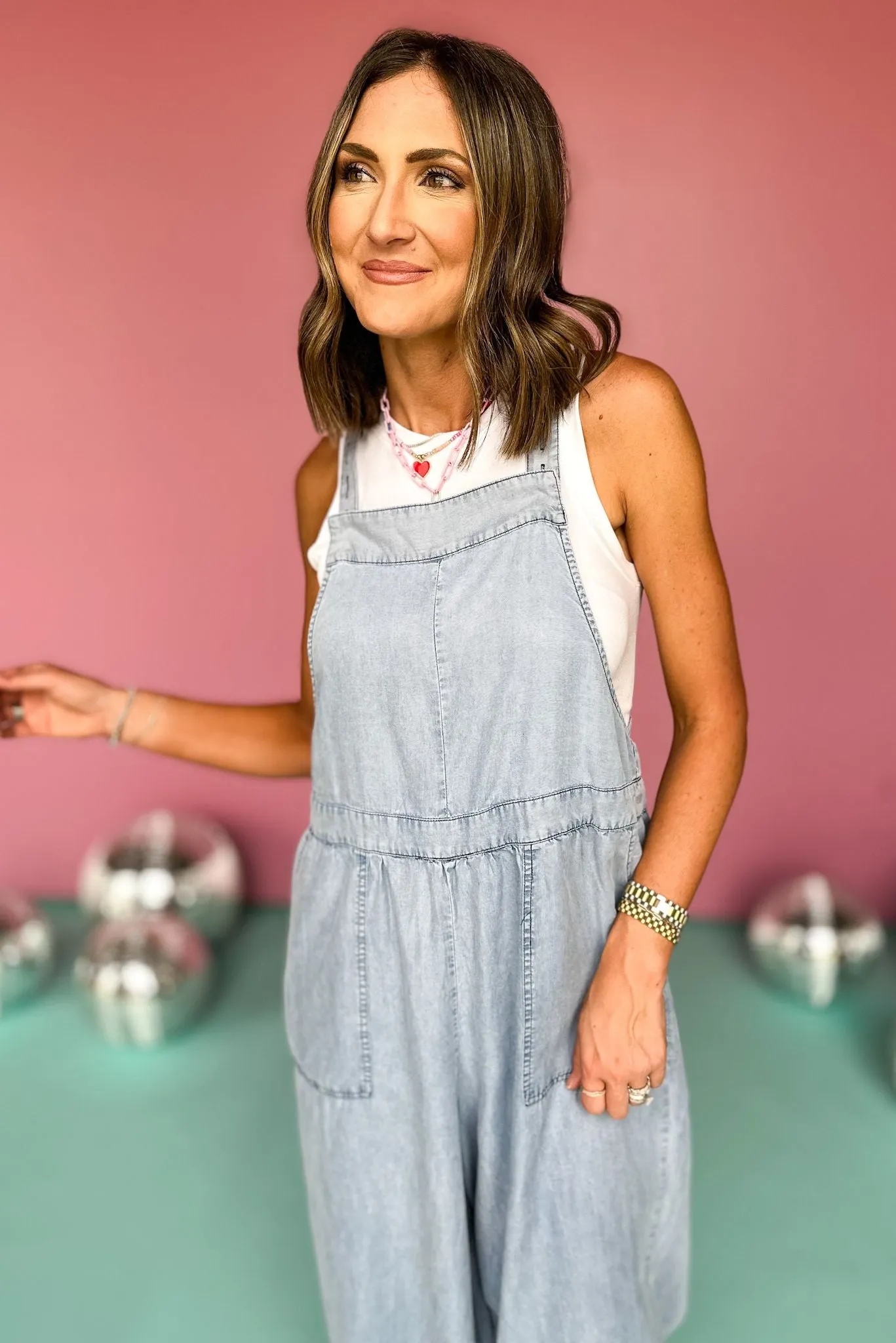 Denim Button Closure Self Tie Ankle Overall Jumpsuit