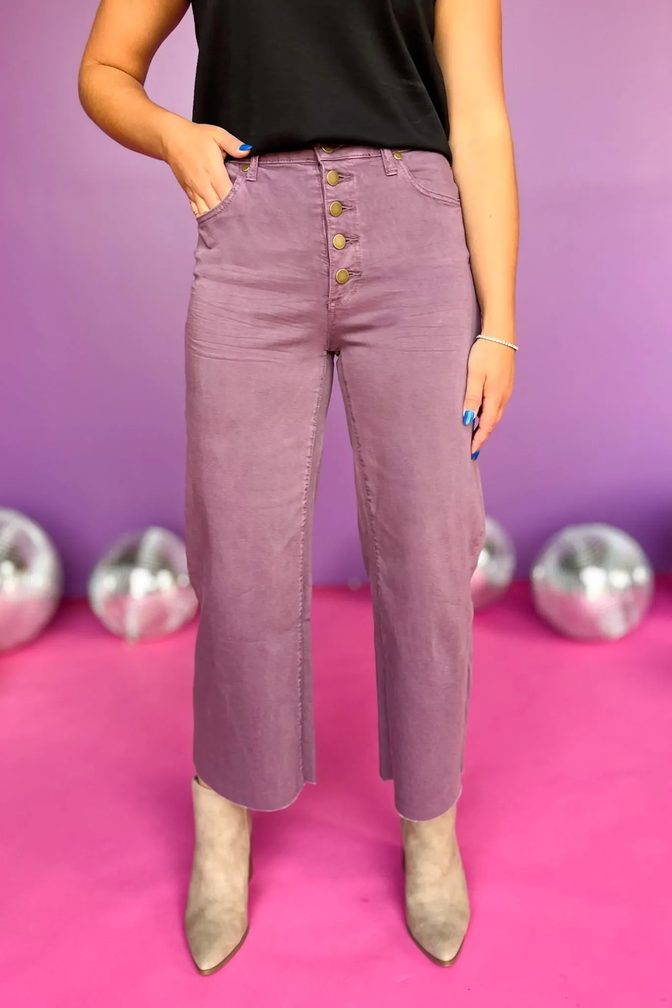 Dusty Taro Wide Leg Raw Hem Twill Pants *FINAL SALE*
