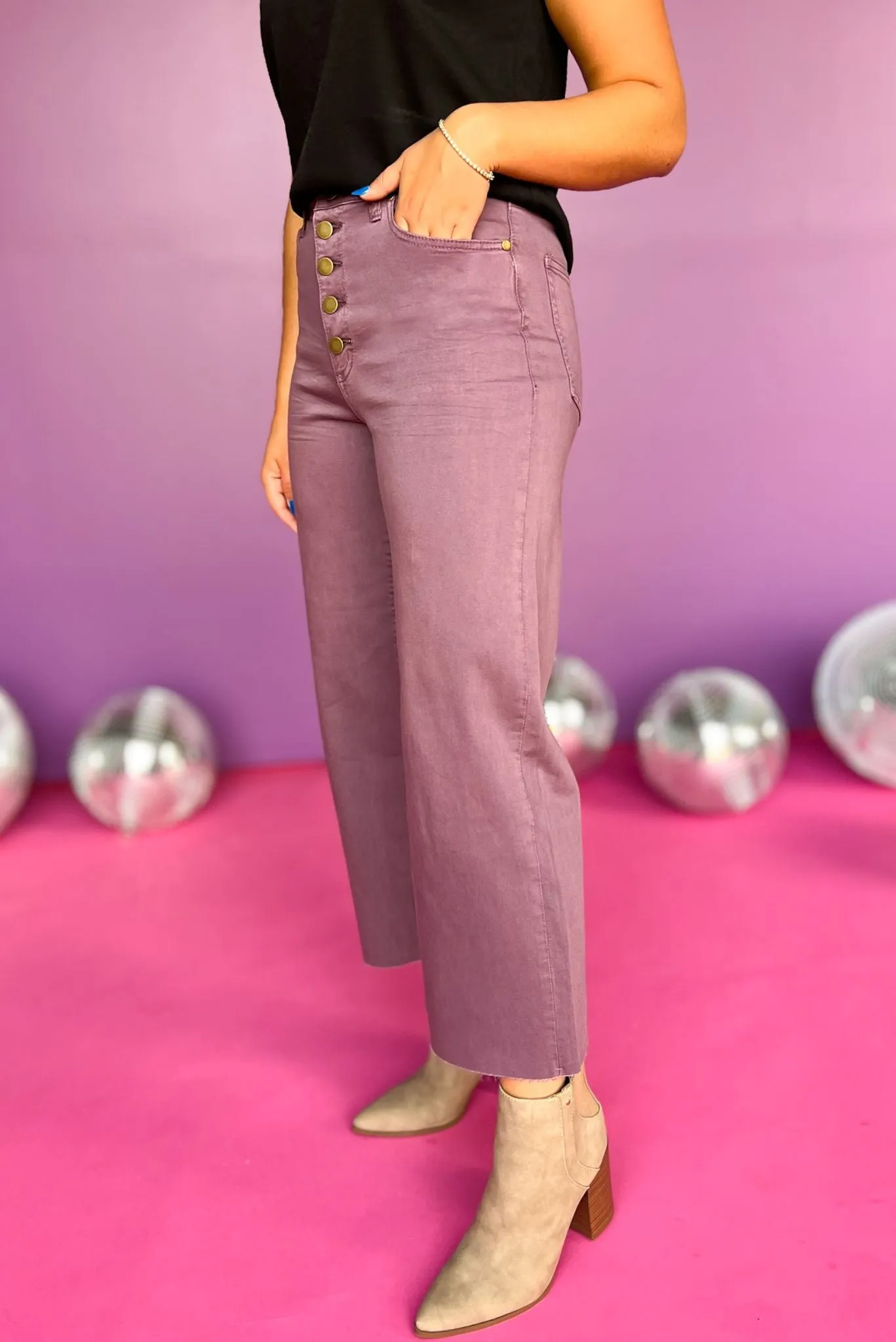 Dusty Taro Wide Leg Raw Hem Twill Pants *FINAL SALE*