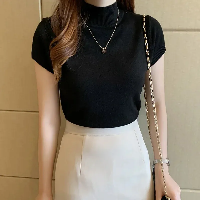 Elegant Summer Half Turtleneck Slim Knitted T-shirt for Women