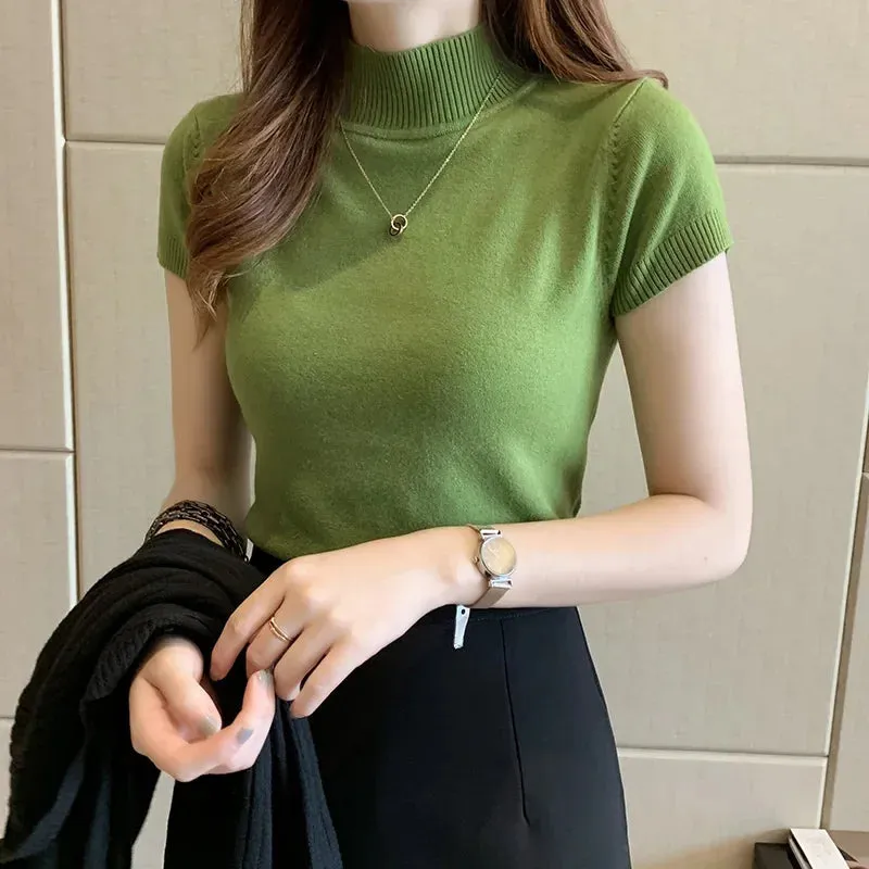Elegant Summer Half Turtleneck Slim Knitted T-shirt for Women