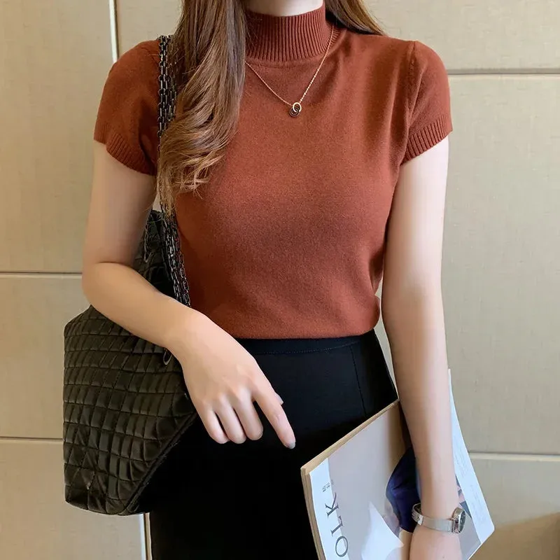 Elegant Summer Half Turtleneck Slim Knitted T-shirt for Women