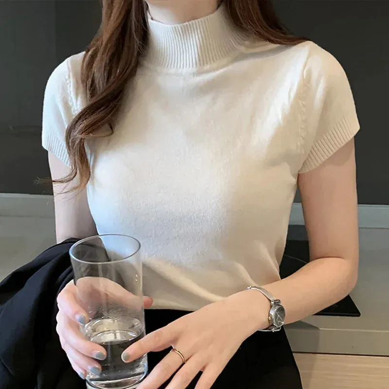 Elegant Summer Half Turtleneck Slim Knitted T-shirt for Women