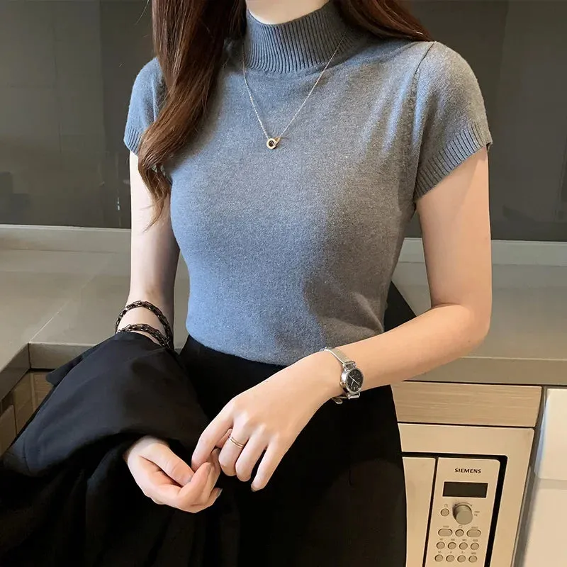 Elegant Summer Half Turtleneck Slim Knitted T-shirt for Women