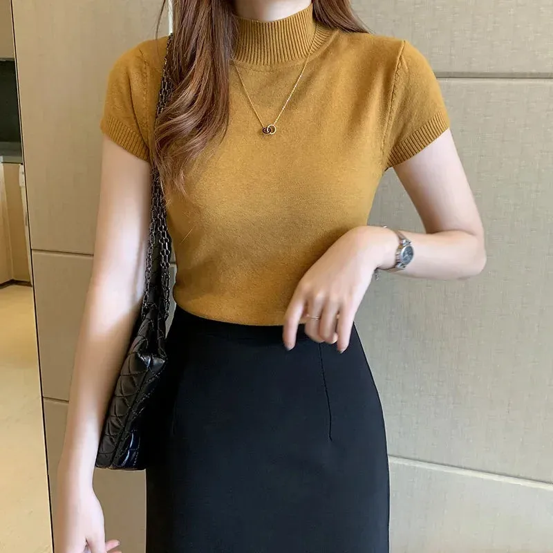 Elegant Summer Half Turtleneck Slim Knitted T-shirt for Women