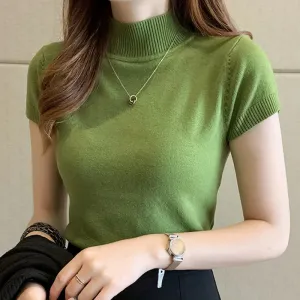Elegant Summer Half Turtleneck Slim Knitted T-shirt for Women