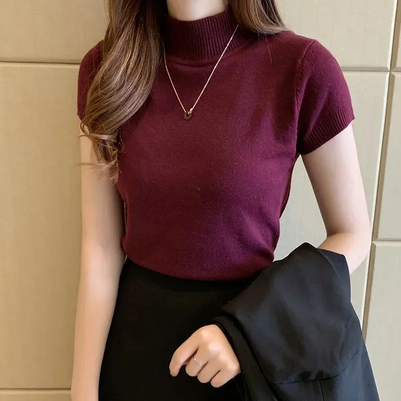 Elegant Summer Half Turtleneck Slim Knitted T-shirt for Women