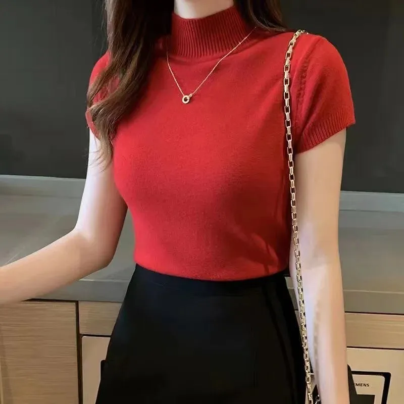 Elegant Summer Half Turtleneck Slim Knitted T-shirt for Women