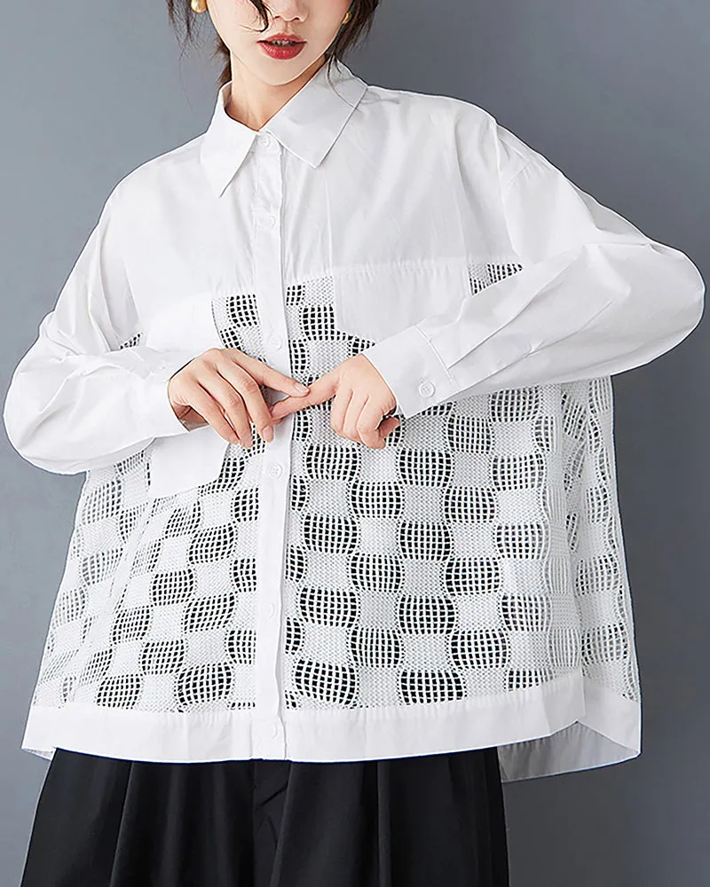 ellazhu Women's Shirt Button Down Lapel Long Sleeve Patchwork Hollow High Low Hem Loose Oversize GZ324