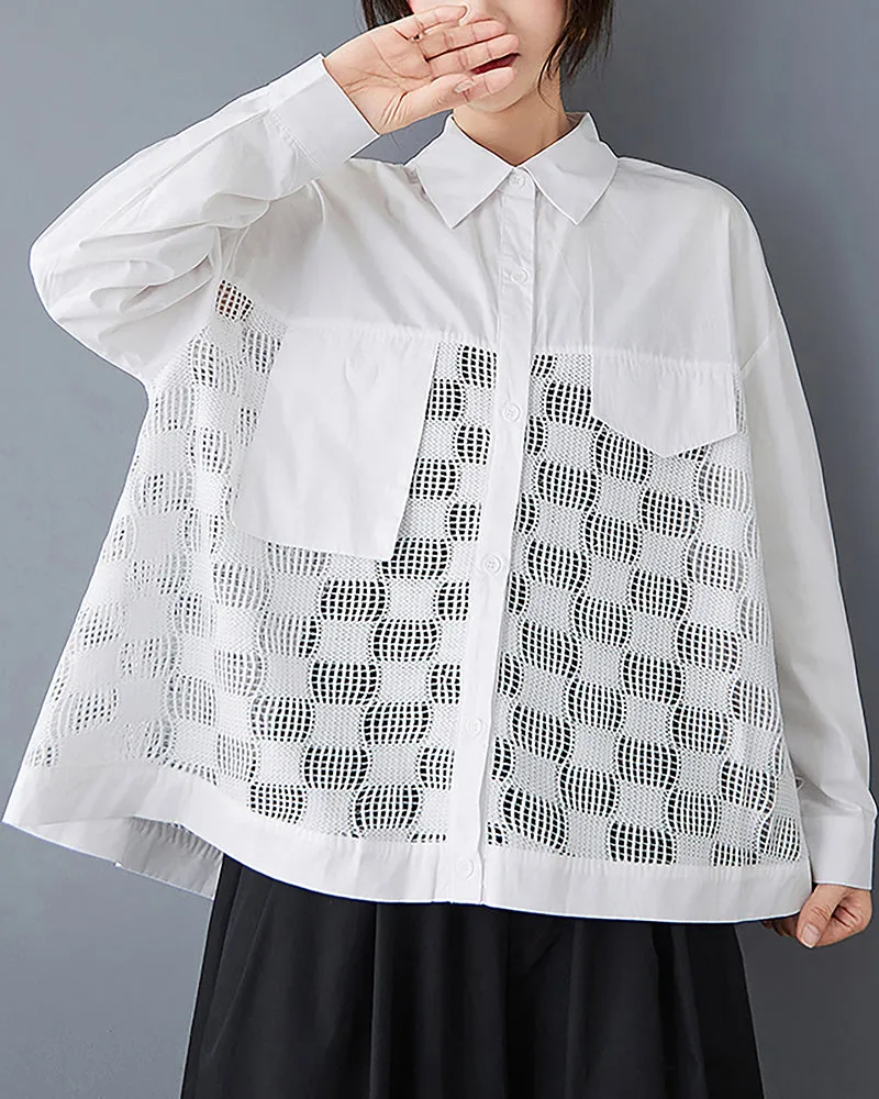 ellazhu Women's Shirt Button Down Lapel Long Sleeve Patchwork Hollow High Low Hem Loose Oversize GZ324