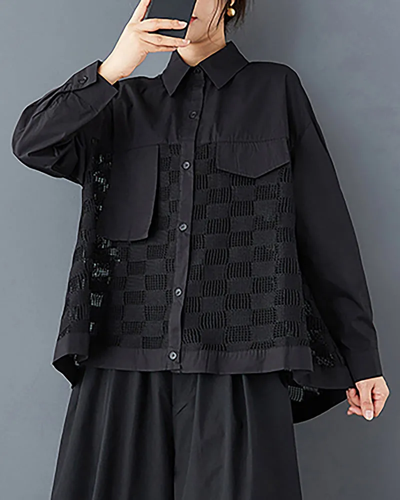 ellazhu Women's Shirt Button Down Lapel Long Sleeve Patchwork Hollow High Low Hem Loose Oversize GZ324