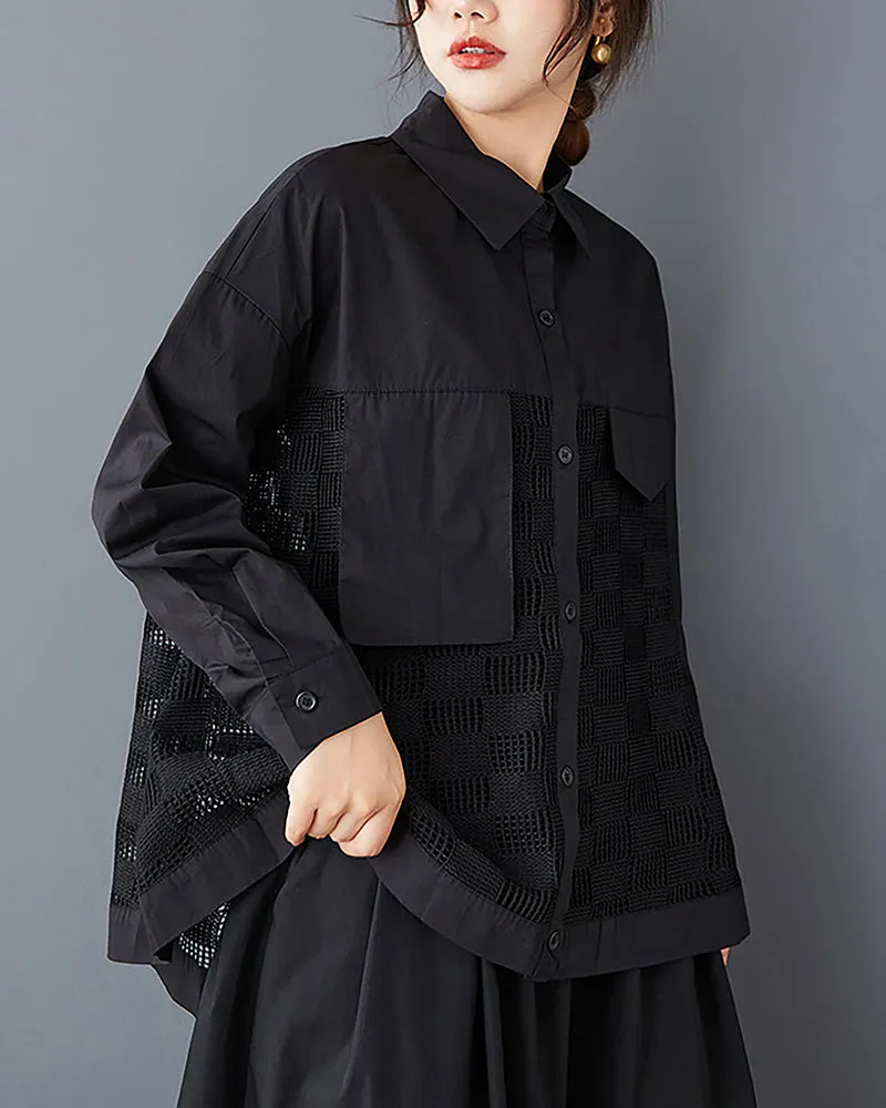 ellazhu Women's Shirt Button Down Lapel Long Sleeve Patchwork Hollow High Low Hem Loose Oversize GZ324