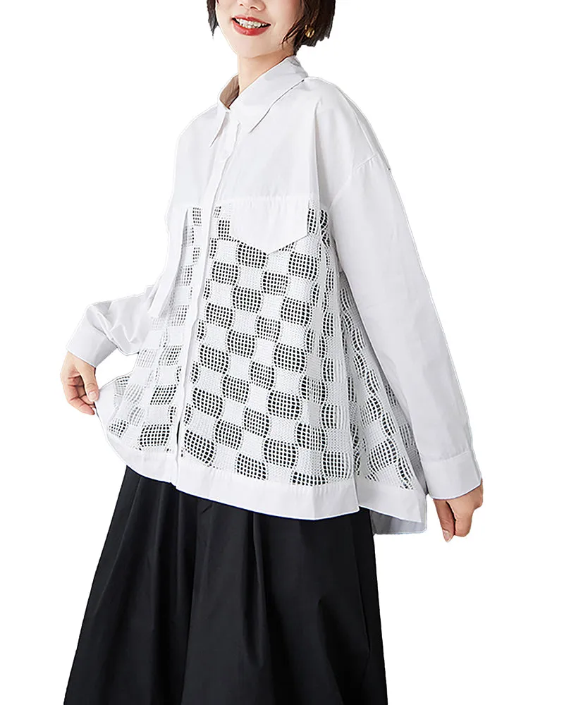 ellazhu Women's Shirt Button Down Lapel Long Sleeve Patchwork Hollow High Low Hem Loose Oversize GZ324