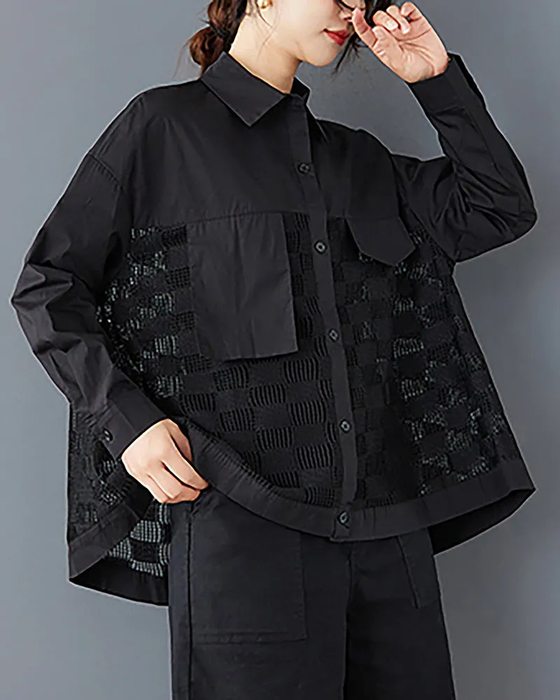 ellazhu Women's Shirt Button Down Lapel Long Sleeve Patchwork Hollow High Low Hem Loose Oversize GZ324