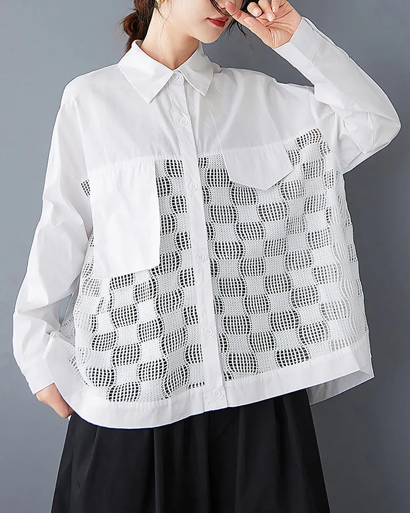 ellazhu Women's Shirt Button Down Lapel Long Sleeve Patchwork Hollow High Low Hem Loose Oversize GZ324