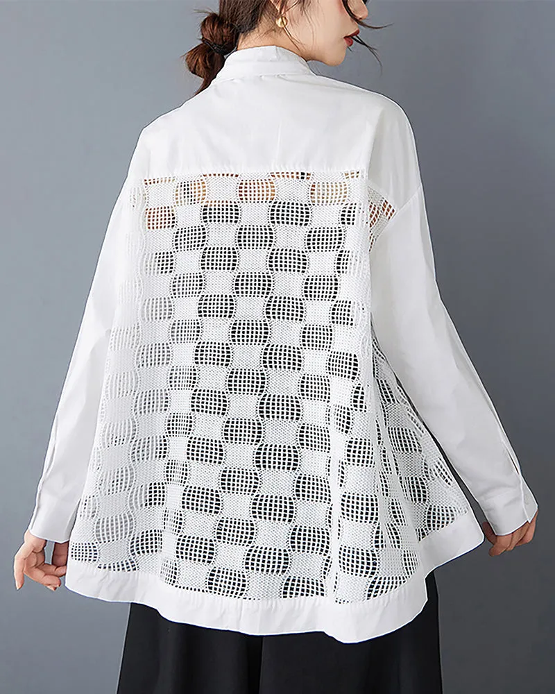 ellazhu Women's Shirt Button Down Lapel Long Sleeve Patchwork Hollow High Low Hem Loose Oversize GZ324