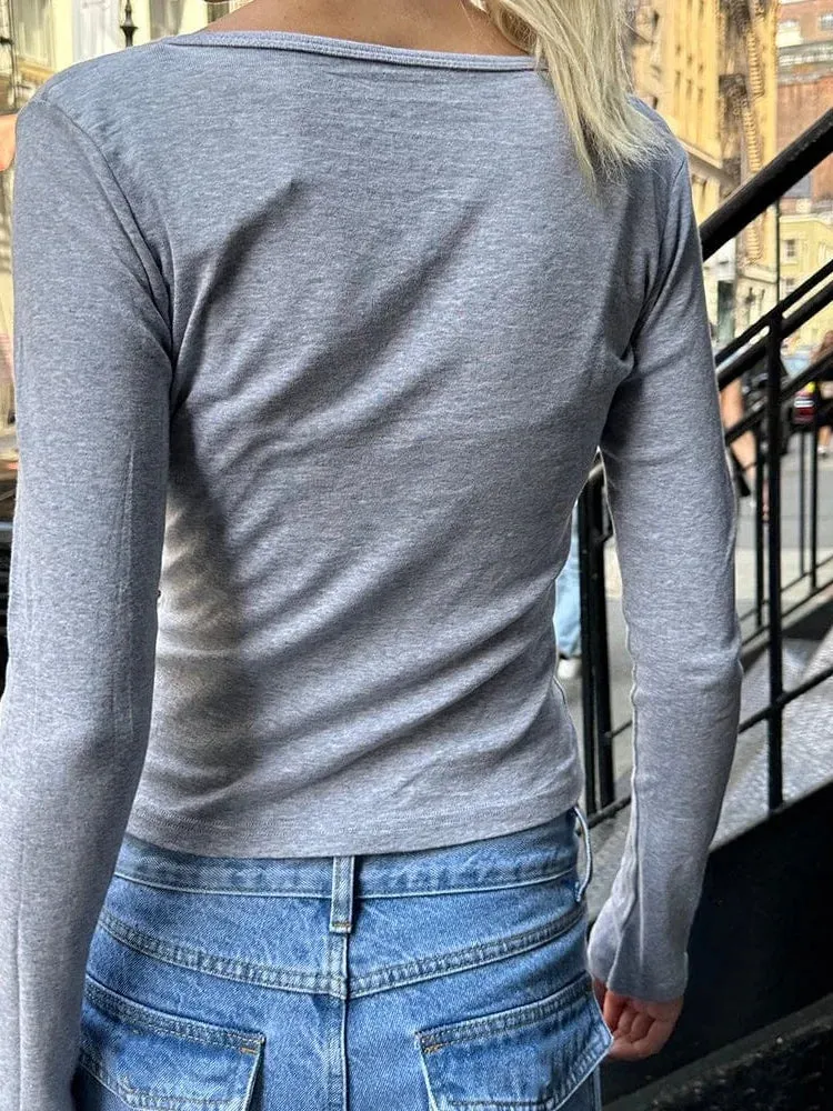 FashionSierra - 2024 Slim Fit Casual Basic for Women Long Sleeve V-neck Buttons Up Solid Color Pullovers Female Streetwear Tee