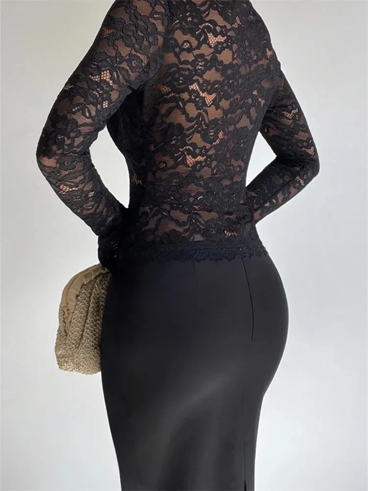 FashionSierra - 2024 Vintage Lace Mesh See Through Long Sleeve Deep V-neck Slim Fit Party Clubwear Black Tee