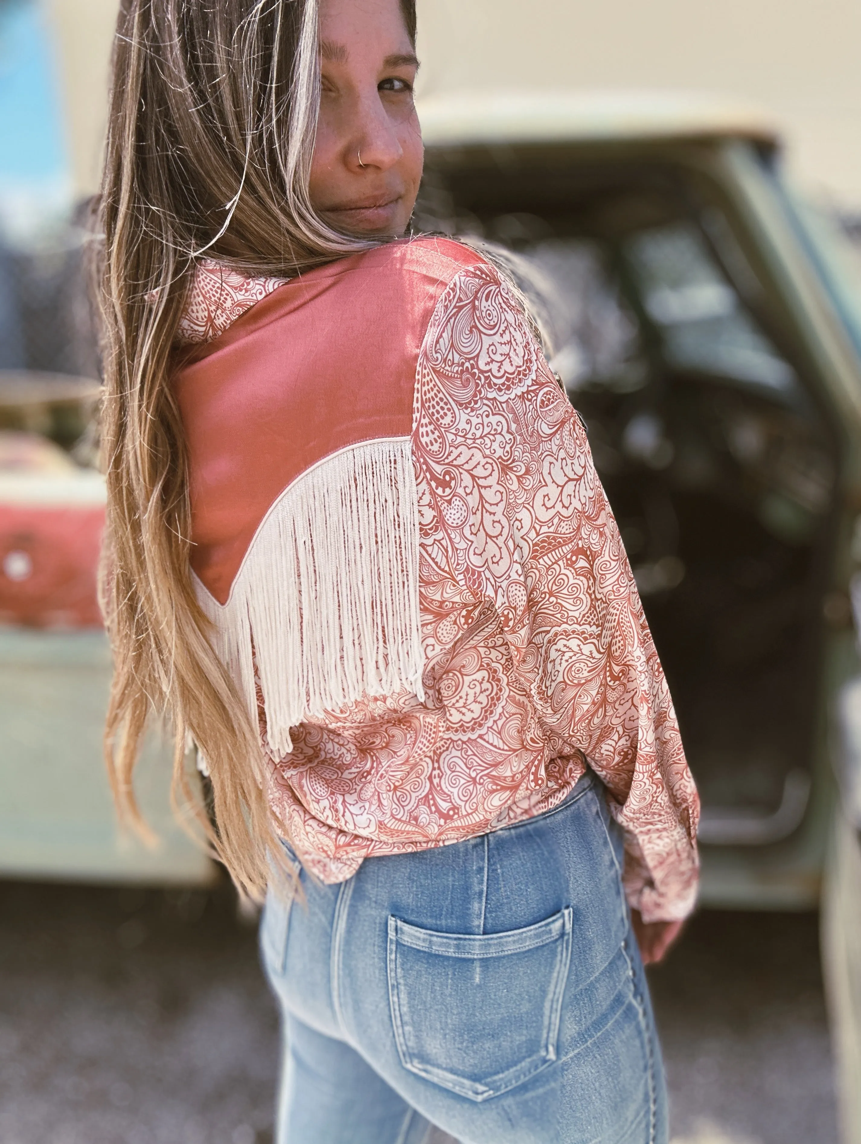 Foolish Pride Fringe Satin Paisley Print Pearl Snap Button Up Blouse (DS)