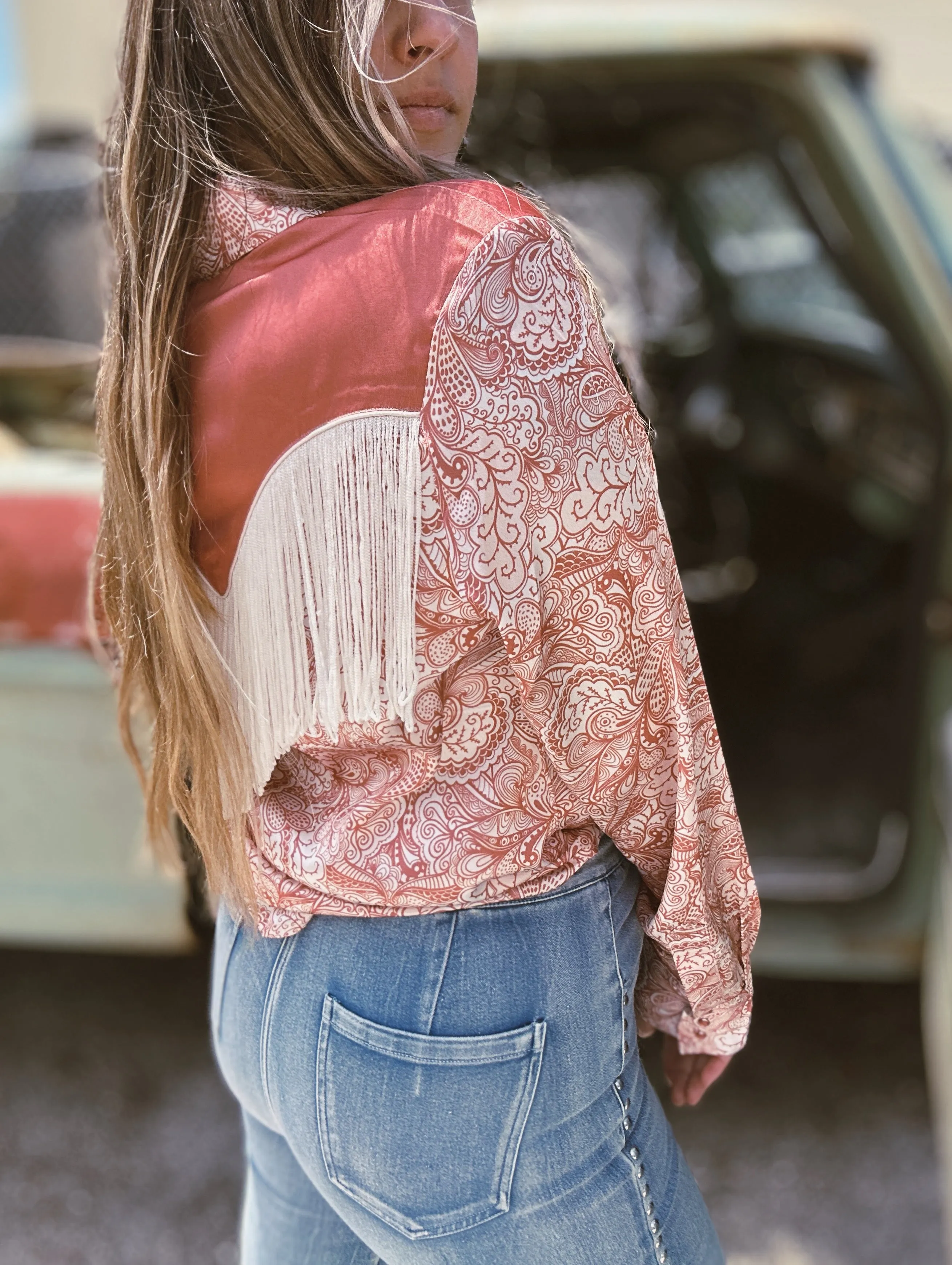 Foolish Pride Fringe Satin Paisley Print Pearl Snap Button Up Blouse (DS)