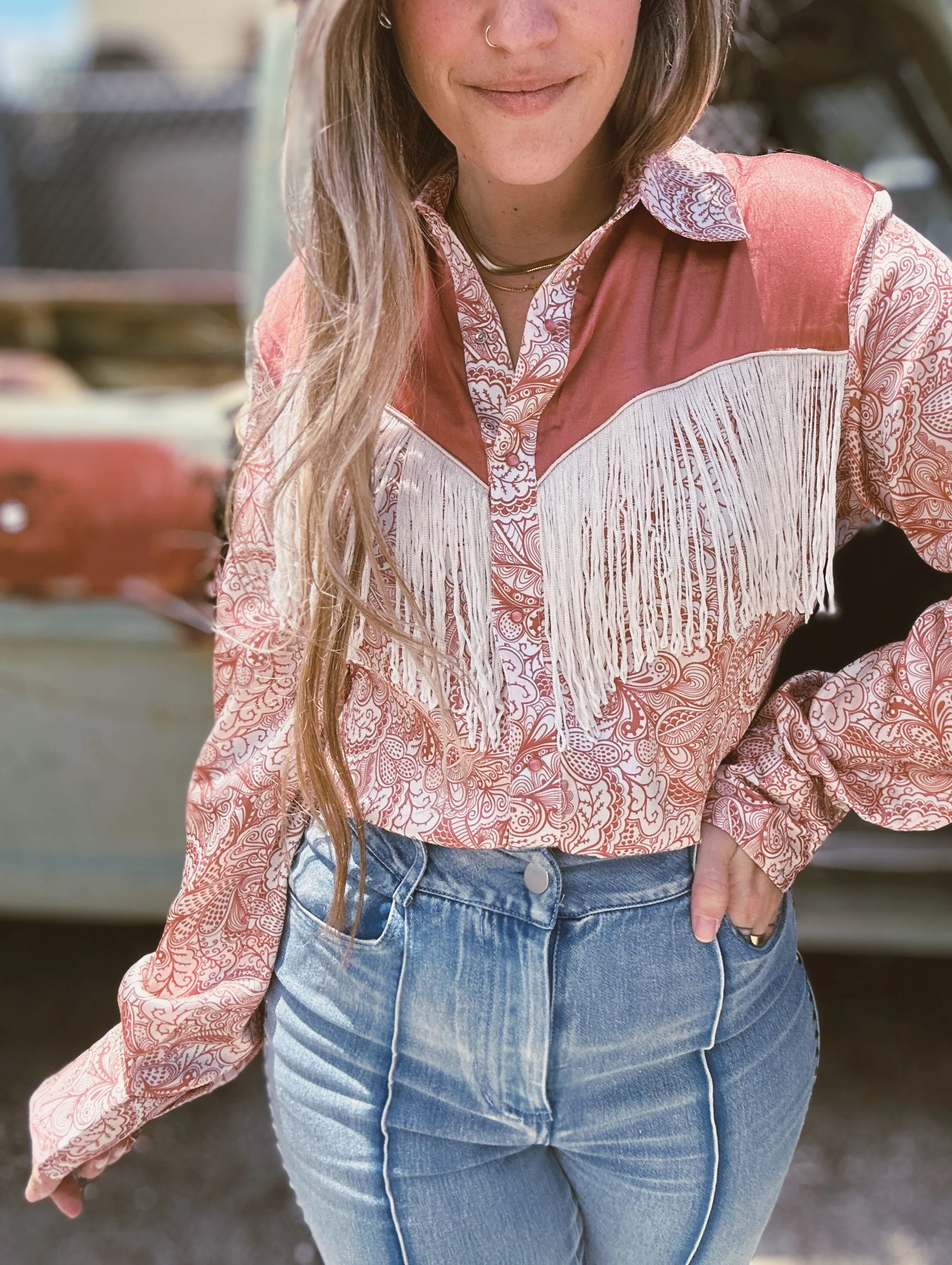 Foolish Pride Fringe Satin Paisley Print Pearl Snap Button Up Blouse (DS)