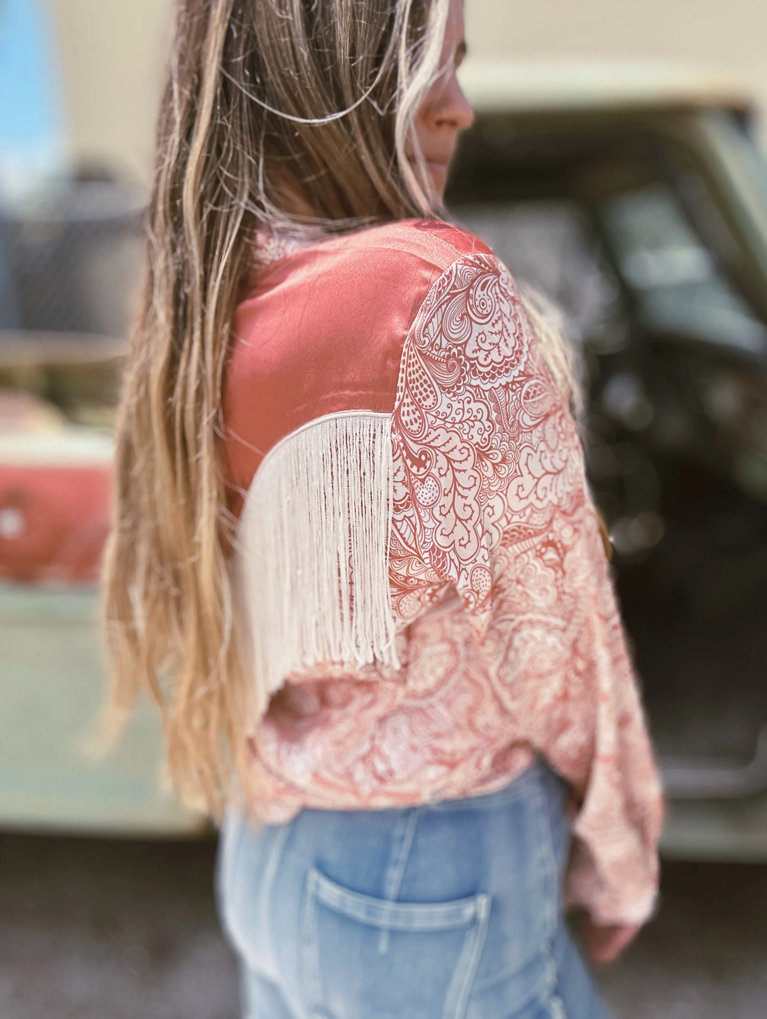 Foolish Pride Fringe Satin Paisley Print Pearl Snap Button Up Blouse (DS)
