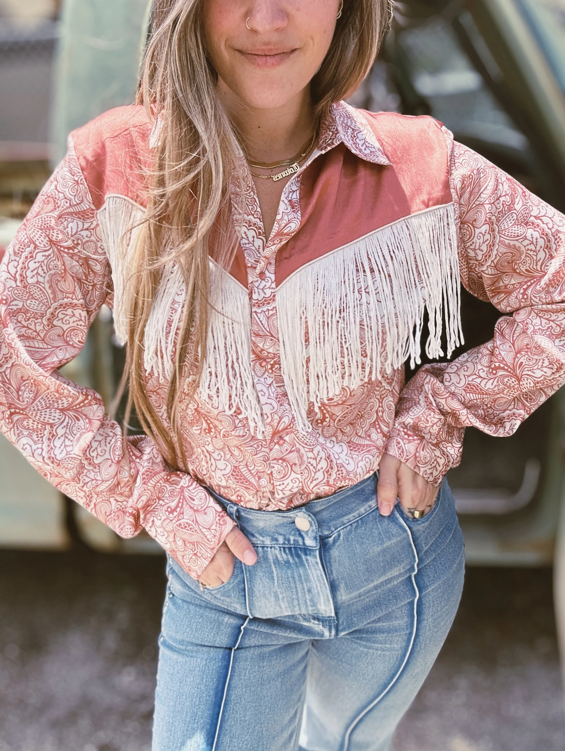 Foolish Pride Fringe Satin Paisley Print Pearl Snap Button Up Blouse (DS)
