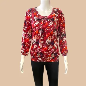 GARNET RED PRINT ROUND NECK BAND TOP