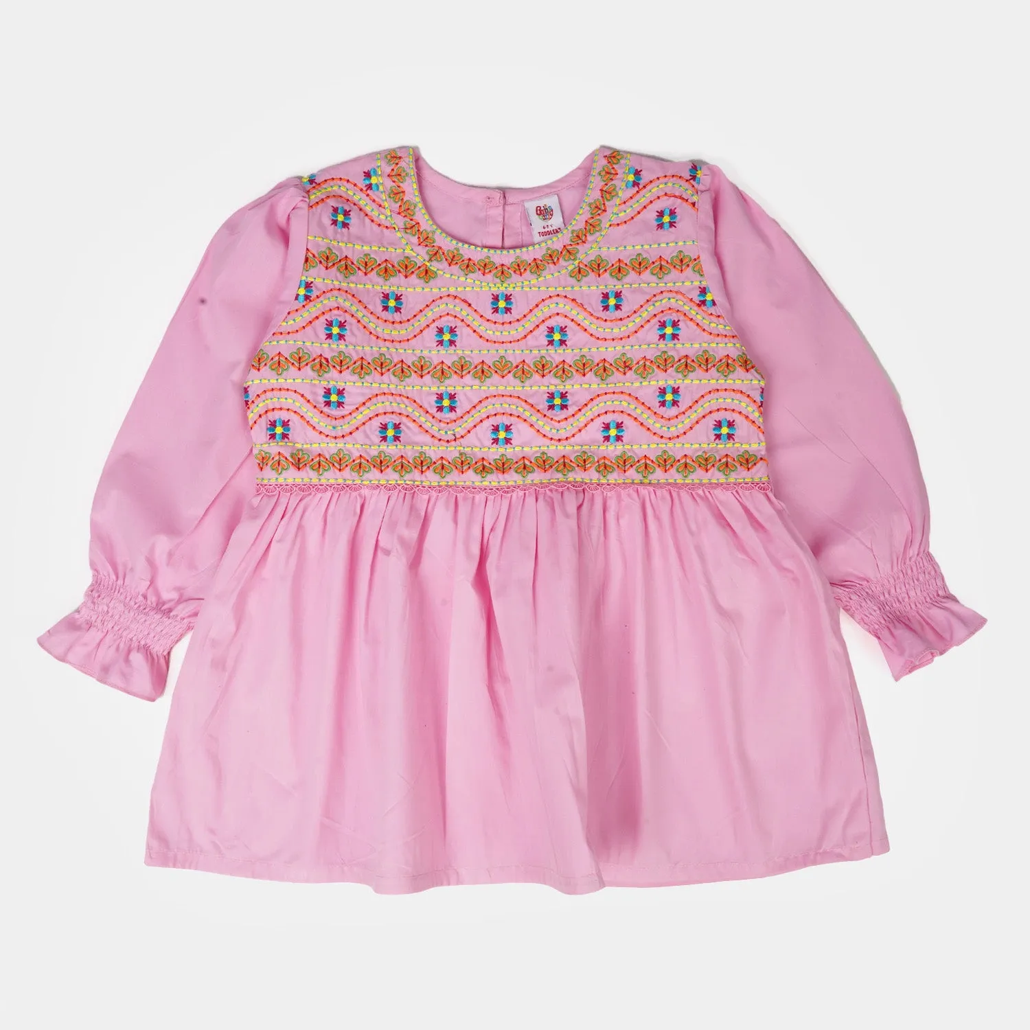 Girls Cotton Embroidered Top Running Waves - Pink