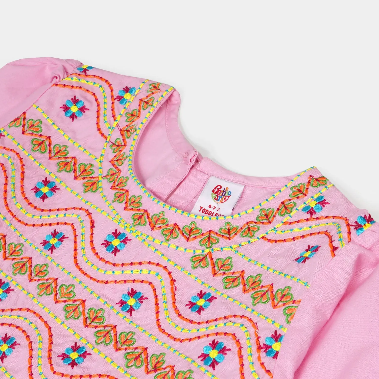 Girls Cotton Embroidered Top Running Waves - Pink