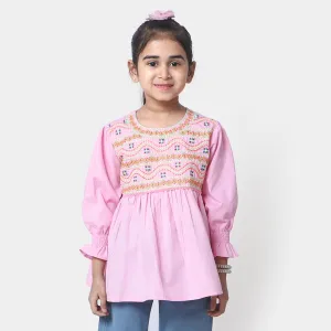 Girls Cotton Embroidered Top Running Waves - Pink