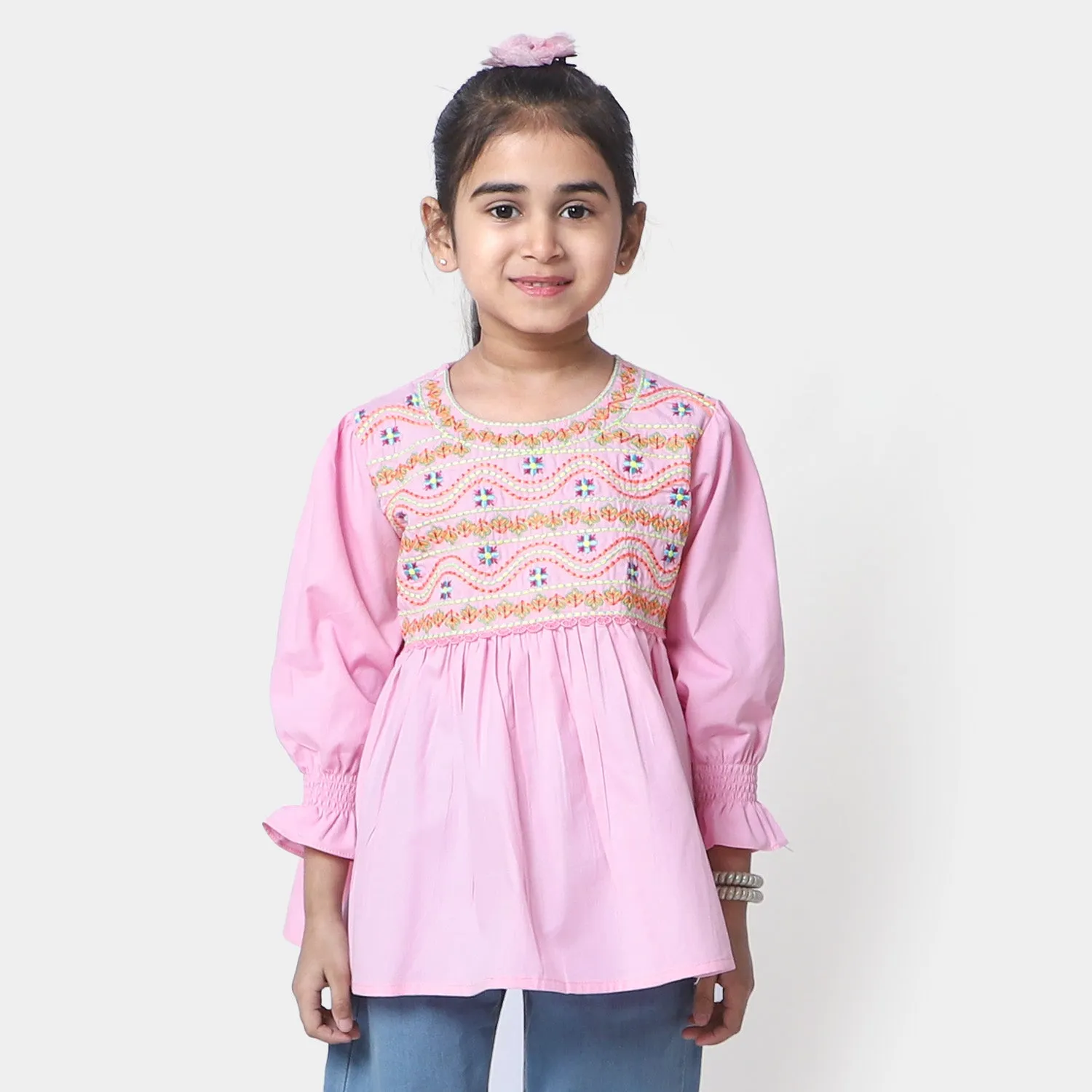 Girls Cotton Embroidered Top Running Waves - Pink
