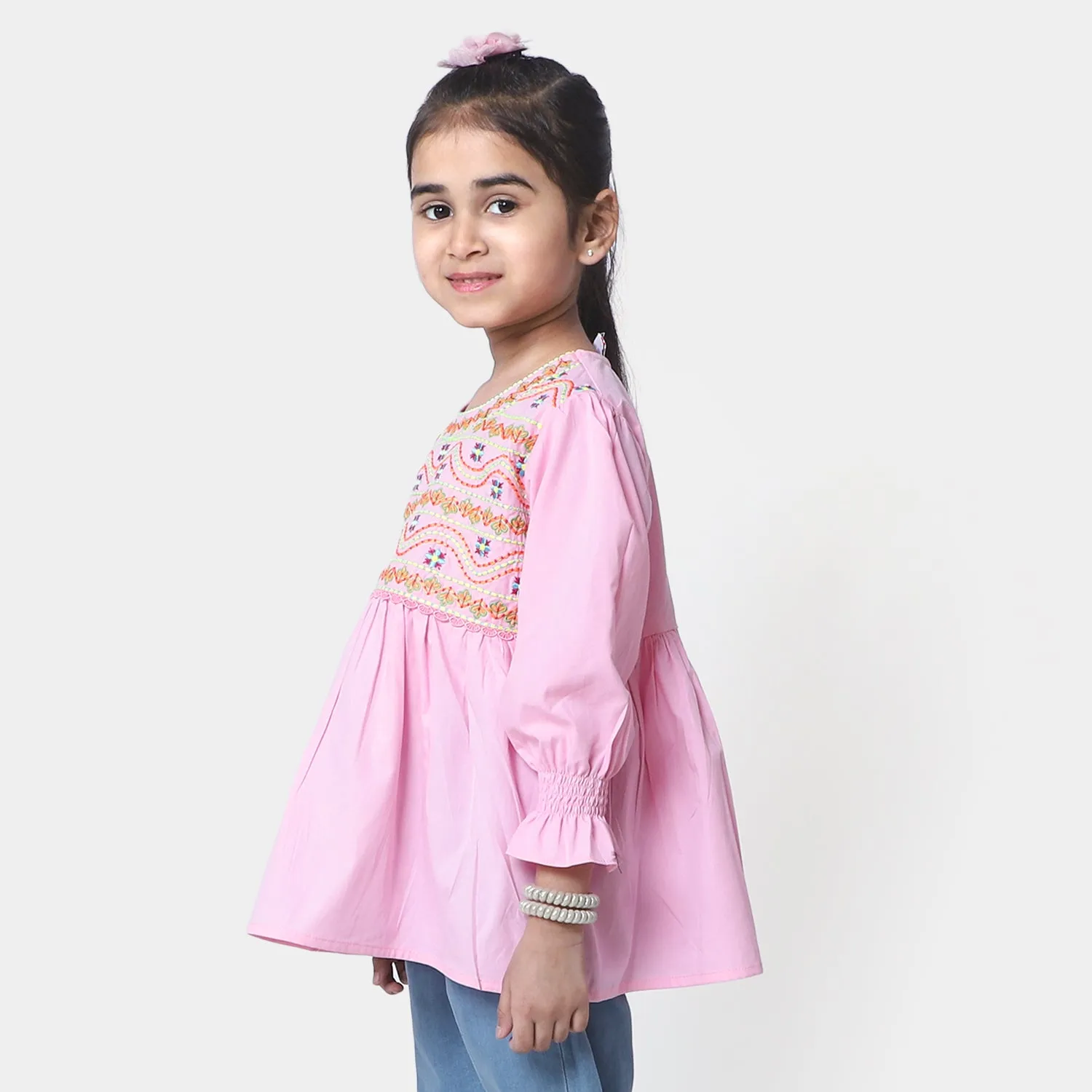Girls Cotton Embroidered Top Running Waves - Pink